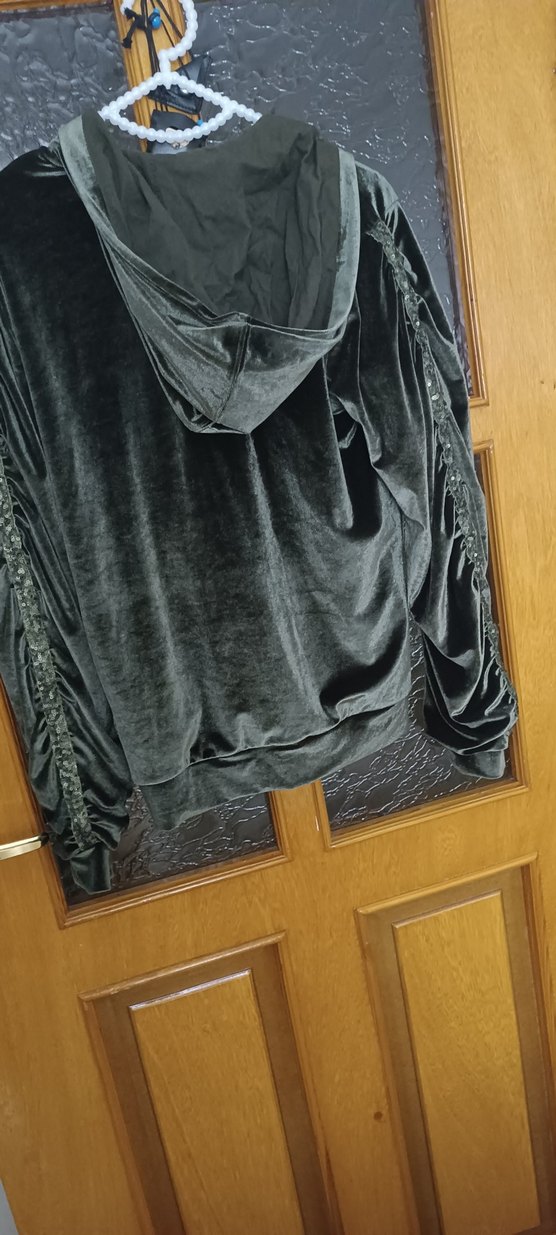 haki kadife Kadın Fermuarlı kapüşonlu - Görsel 3