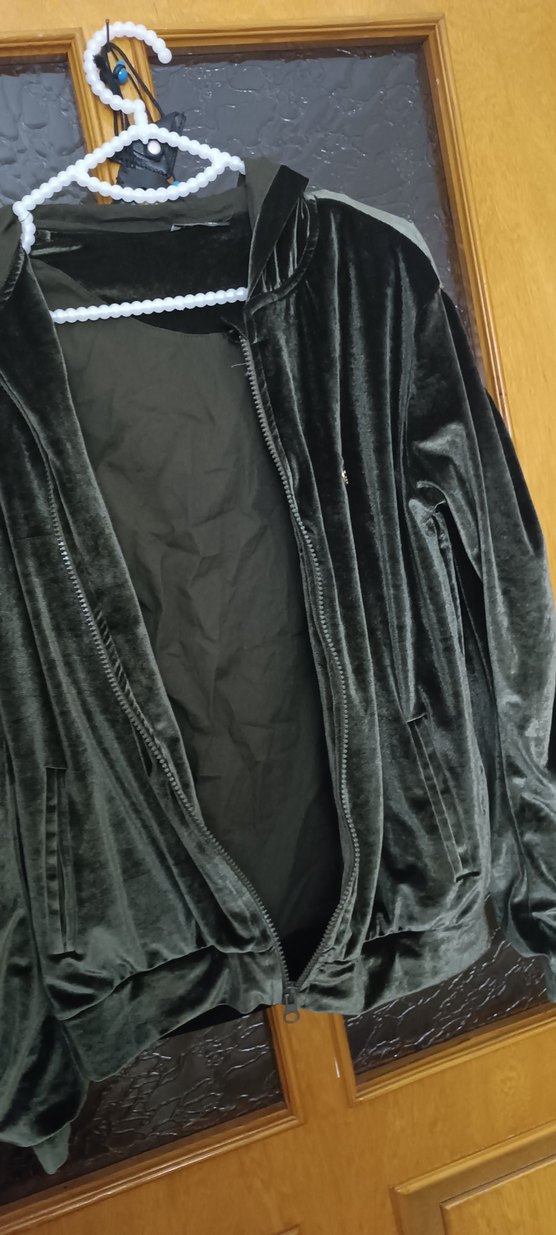 haki kadife Kadın Fermuarlı kapüşonlu - Görsel 2