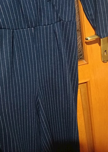 Lacivert Çizgili Kadın Uzun Denim Tulum - Görsel 2