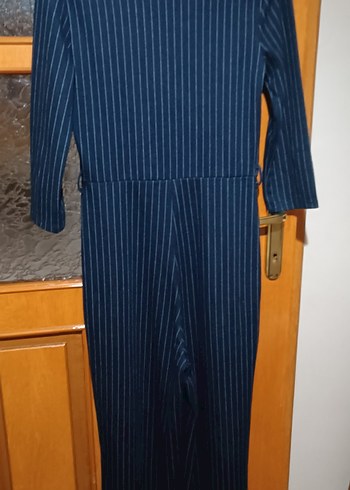 Lacivert Çizgili Kadın Uzun Denim Tulum - Görsel 6