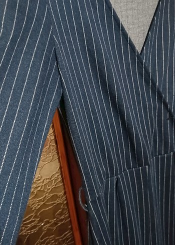 Lacivert Çizgili Kadın Uzun Denim Tulum - Görsel 4