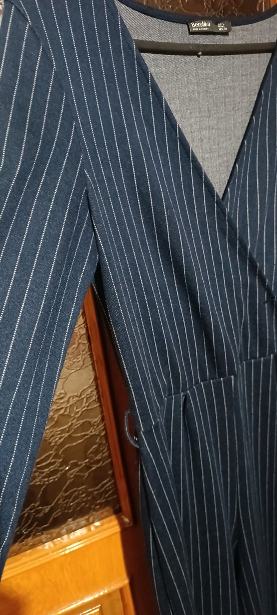 Lacivert Çizgili Kadın Uzun Denim Tulum - Görsel 4