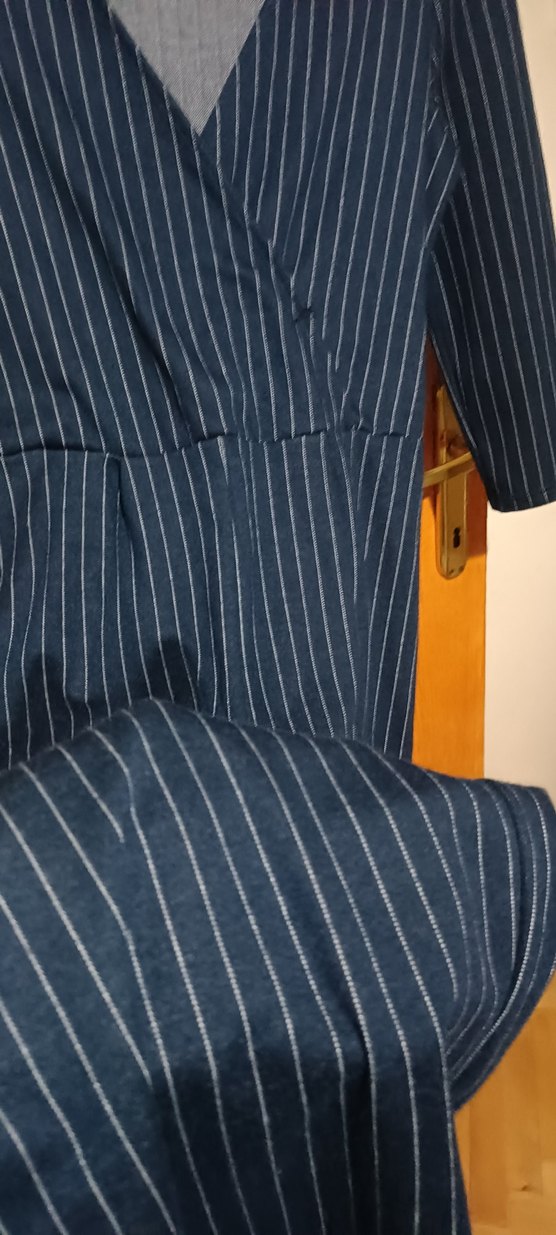 Lacivert Çizgili Kadın Uzun Denim Tulum - Görsel 5