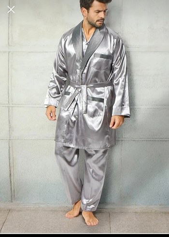 çeyizlik gri erkek Saten pijama takim - Görsel 2