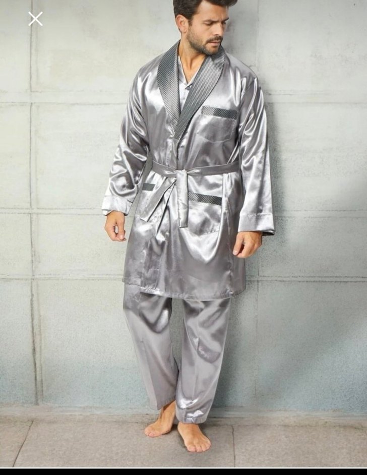 çeyizlik gri erkek Saten pijama takim - Görsel 2