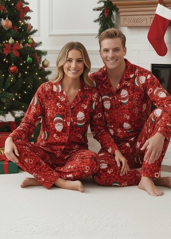 Kırmızı yılbaşı Desenli Kadın Pijama Takımı - Görsel 2