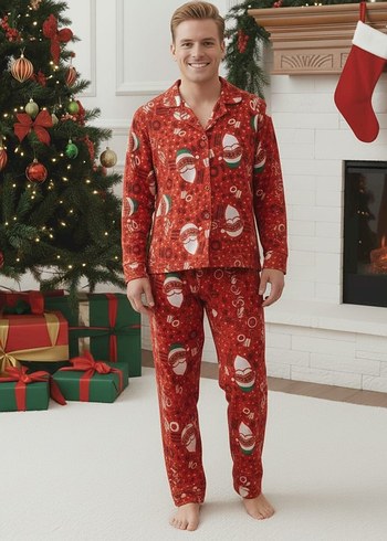 Kırmızı yılbaşı Desenli Kadın Pijama Takımı - Görsel 4