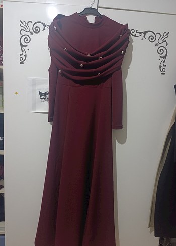 Bordo Uzun Kollu Drapeli Uzun Elbise - Görsel 3