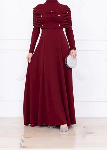 Bordo Uzun Kollu Drapeli Uzun Elbise - Görsel 2