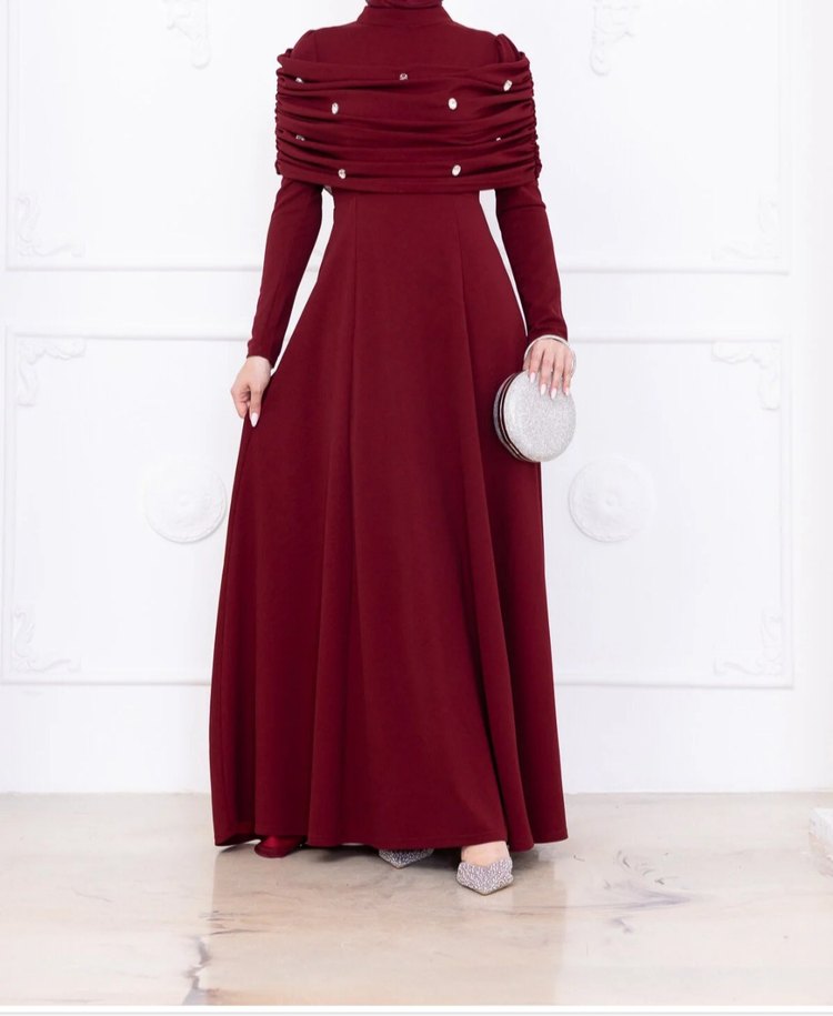 Bordo Uzun Kollu Drapeli Uzun Elbise - Görsel 2