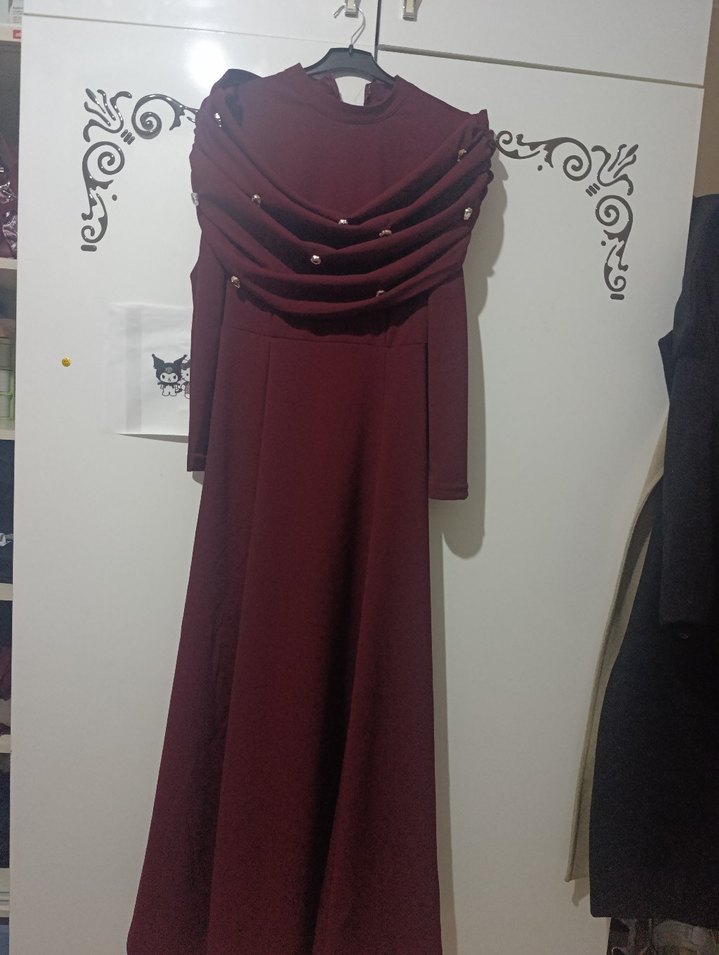 Bordo Uzun Kollu Drapeli Uzun Elbise - Görsel 4