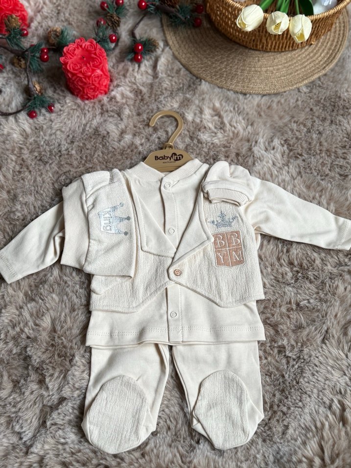 Düğmeli Nakışlı yeni doğan Bebek Erkek Takımı - Görsel 2
