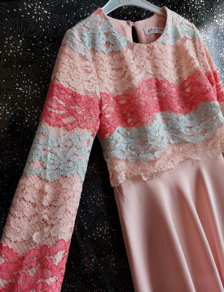 Dantel Detaylı Pembe Uzun Kollu Uzun Elbise - Görsel 3