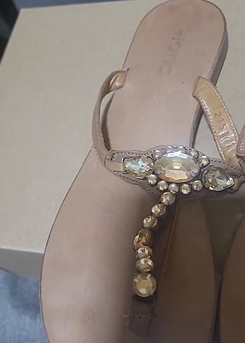 hotic gercek deri Bej Deri Taşlı Kadın Terlik - Görsel 3