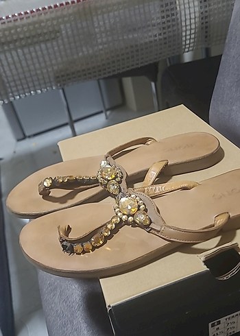 hotic gercek deri Bej Deri Taşlı Kadın Terlik - Görsel 2