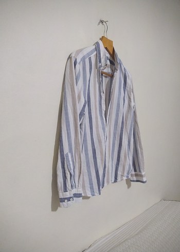 Bej Gri Çizgili Erkek Keten Gömlek - Görsel 3