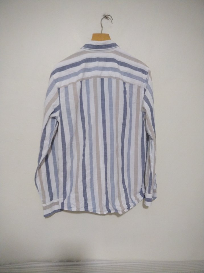 Bej Gri Çizgili Erkek Keten Gömlek - Görsel 2