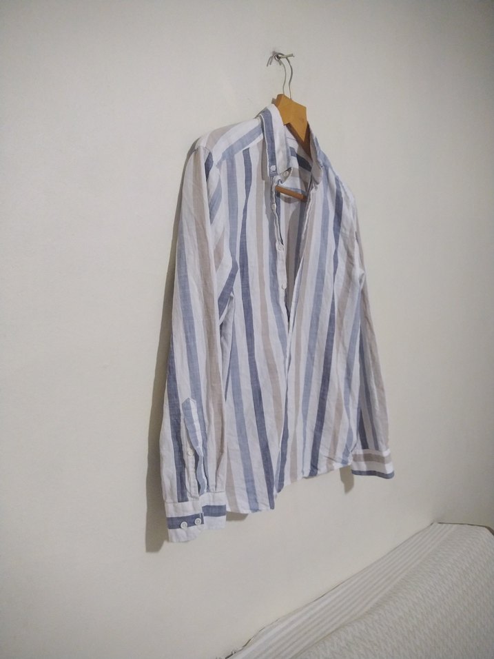 Bej Gri Çizgili Erkek Keten Gömlek - Görsel 3