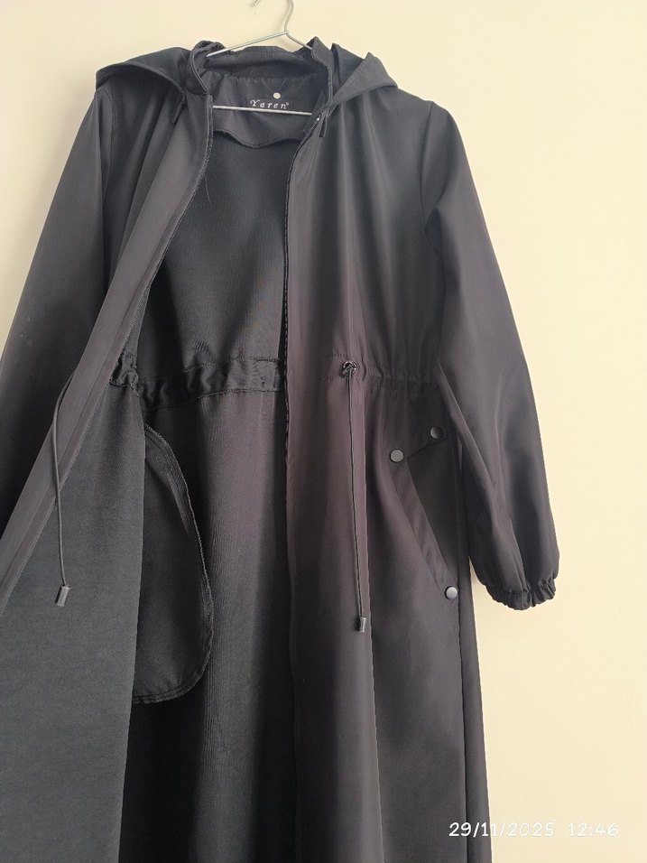 Siyah Uzun Kadın yağmurluk trençkot - Görsel 3