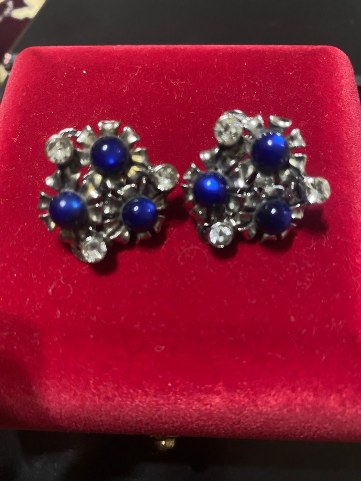 Mavi Mini Çiçekli Payetli Küpe vintage küpe - Görsel 2