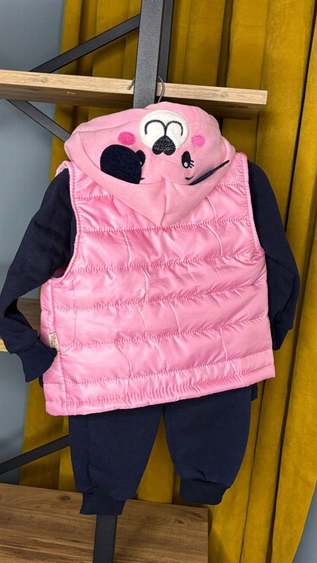 Kız Çocuk Pembe Kürklü Yelek ve Baskılı Sweatshirt - Görsel 5