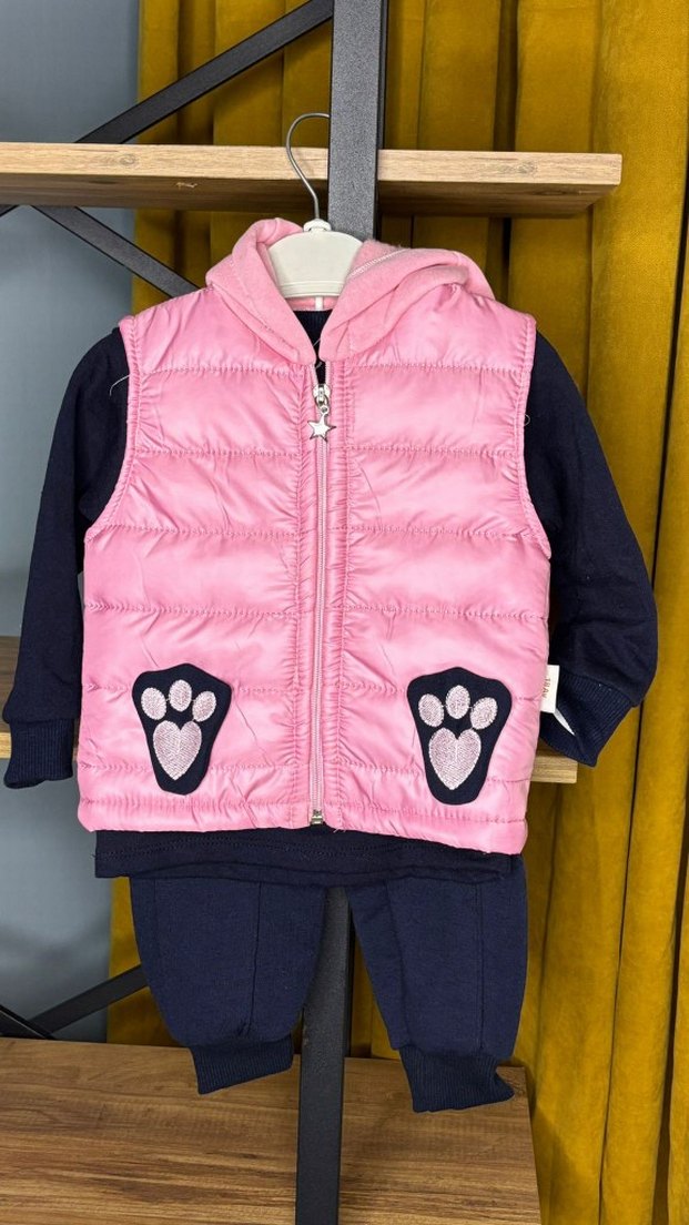 Kız Çocuk Pembe Kürklü Yelek ve Baskılı Sweatshirt - Görsel 3