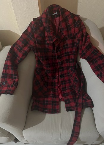 Bordo Ekose Desenli Kadın Kaban - Görsel 3