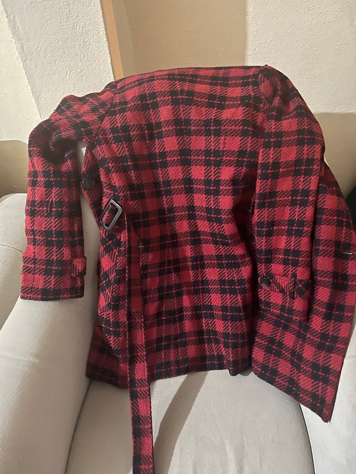 Bordo Ekose Desenli Kadın Kaban - Görsel 2