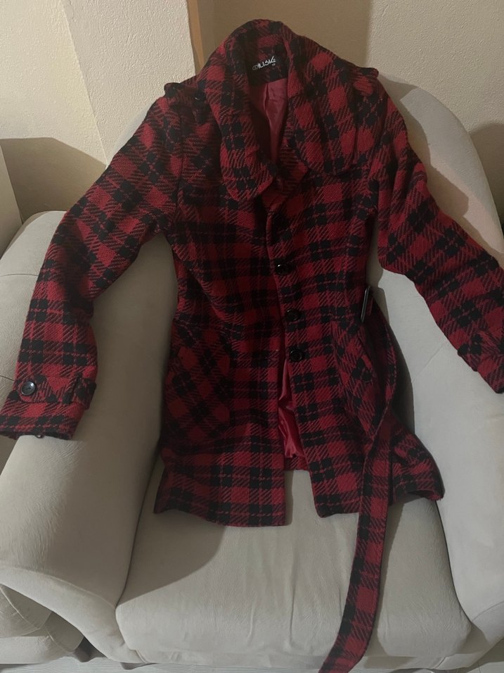 Bordo Ekose Desenli Kadın Kaban - Görsel 3