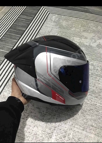 Gri Baskılı Mavi Vizörlü Motosiklet Kaskı - Görsel 3