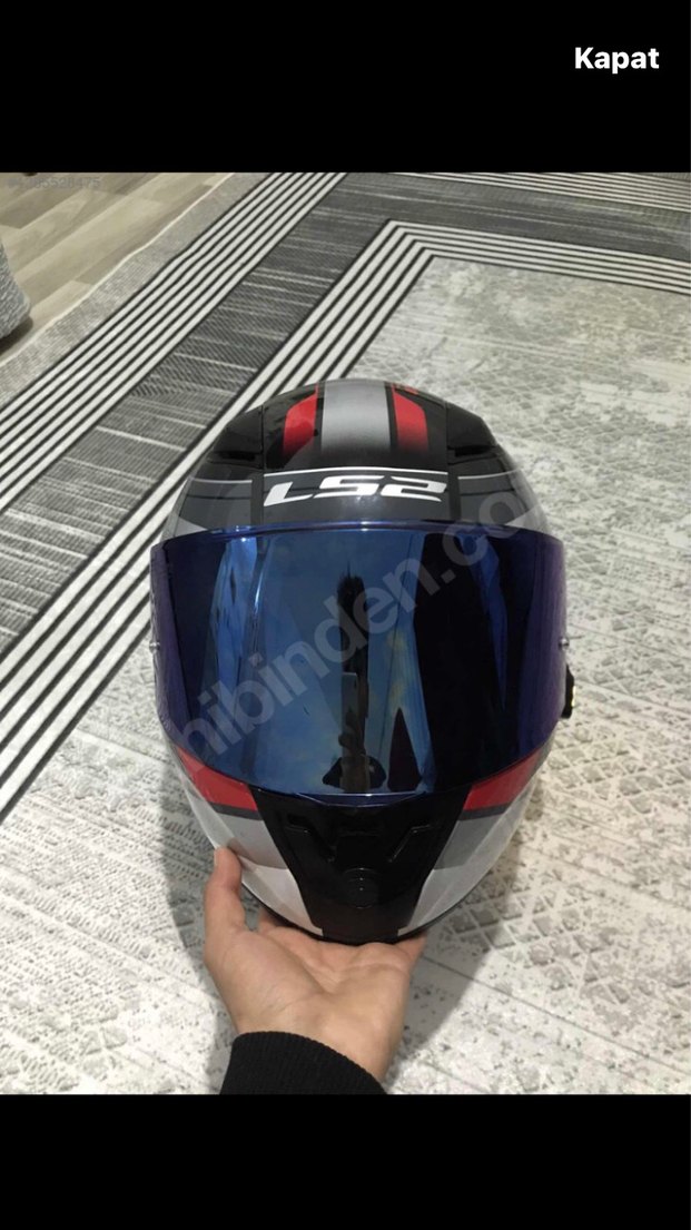 Gri Baskılı Mavi Vizörlü Motosiklet Kaskı - Görsel 2