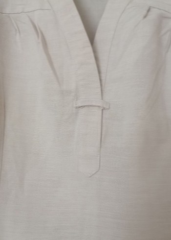 Bej Keten Midi V Yaka Kolsuz Elbise - Görsel 3