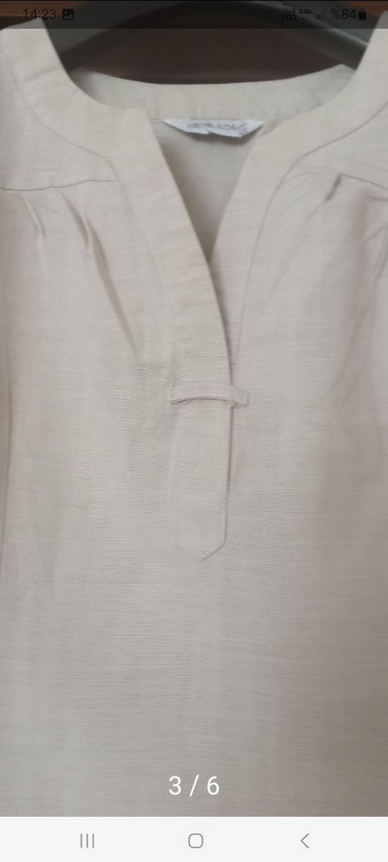 Bej Keten Midi V Yaka Kolsuz Elbise - Görsel 3