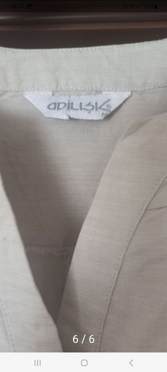 Bej Keten Midi V Yaka Kolsuz Elbise - Görsel 5