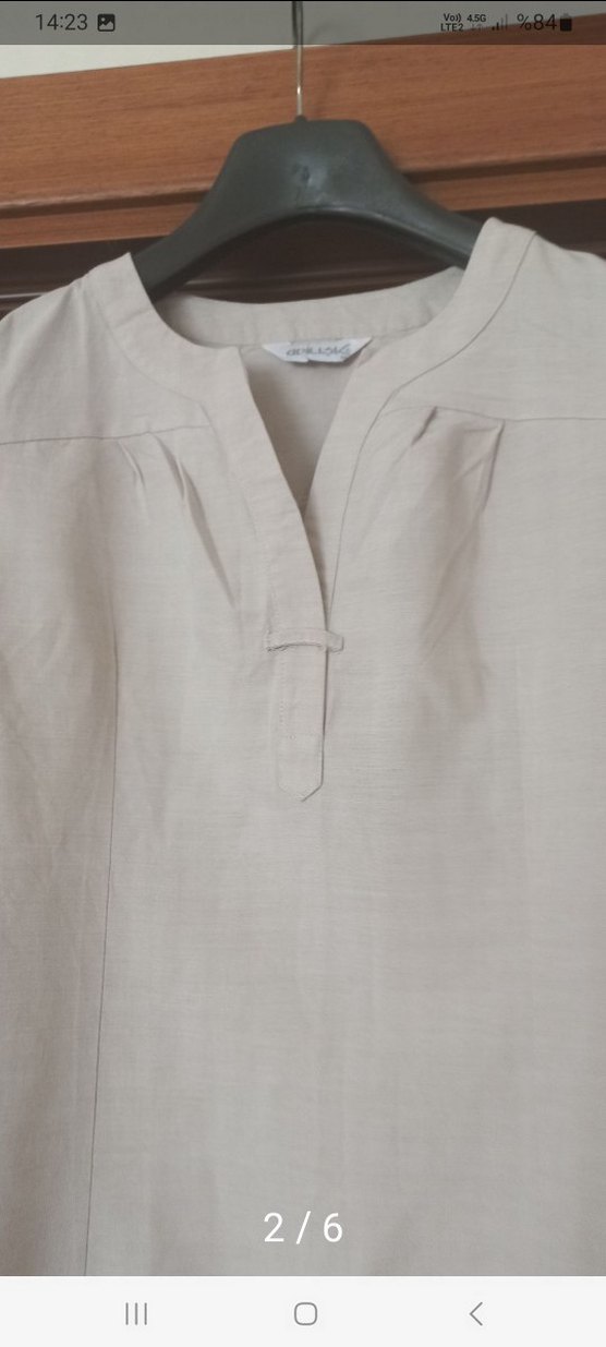 Bej Keten Midi V Yaka Kolsuz Elbise - Görsel 2