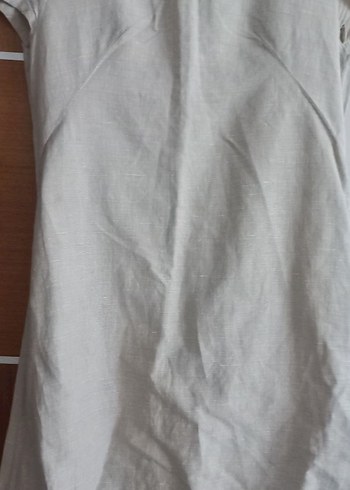 Kadın krem Keten kayık Yaka Midi Elbise - Görsel 2