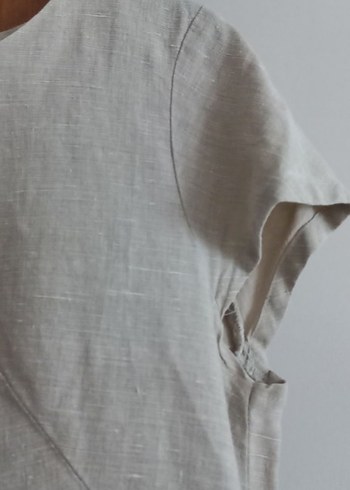 Kadın krem Keten kayık Yaka Midi Elbise - Görsel 3