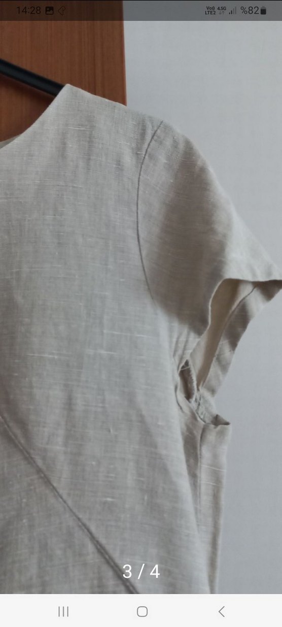 Kadın krem Keten kayık Yaka Midi Elbise - Görsel 3