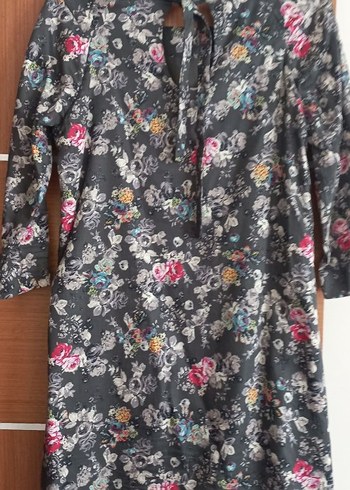 Gri Çiçek Desenli 3/4  Kollu Midi Elbise - Görsel 2