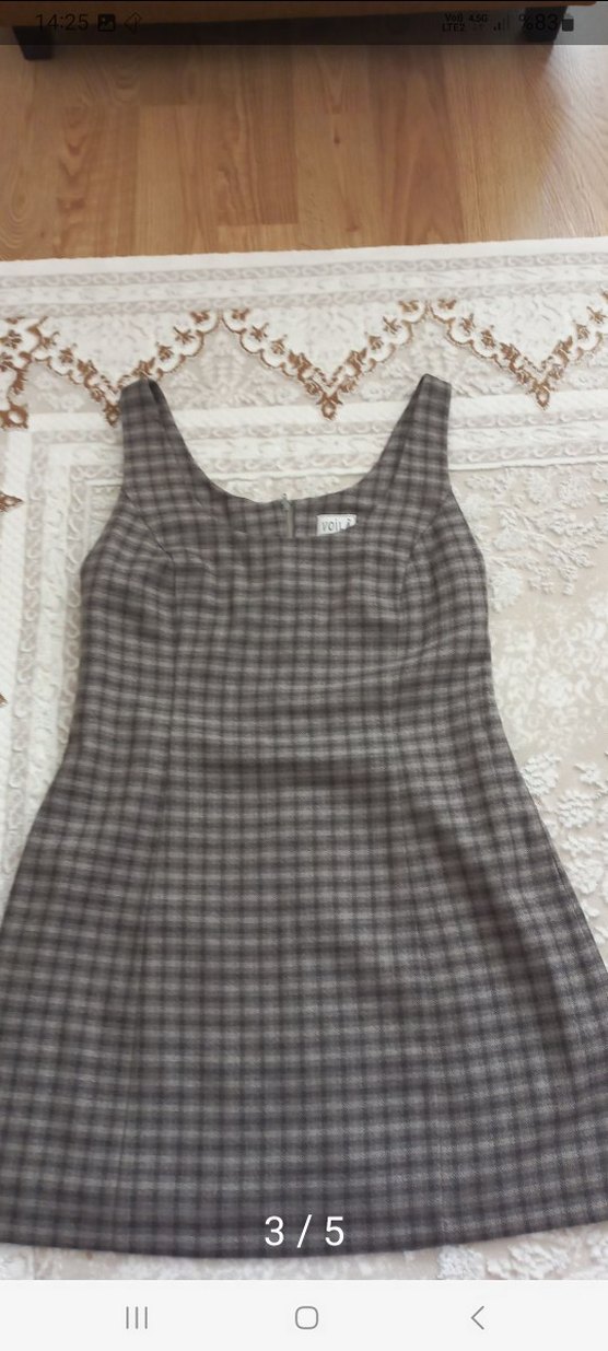 Gri Kareli Midi Kolsuz Elbise - Görsel 4