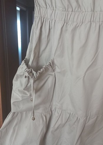 krem Midi Kemerli düşük kol Elbise - Görsel 2