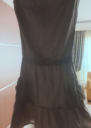 krem Midi Kemerli düşük kol Elbise - Görsel 5