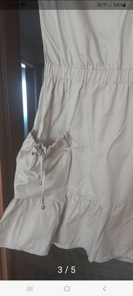 krem Midi Kemerli düşük kol Elbise - Görsel 2