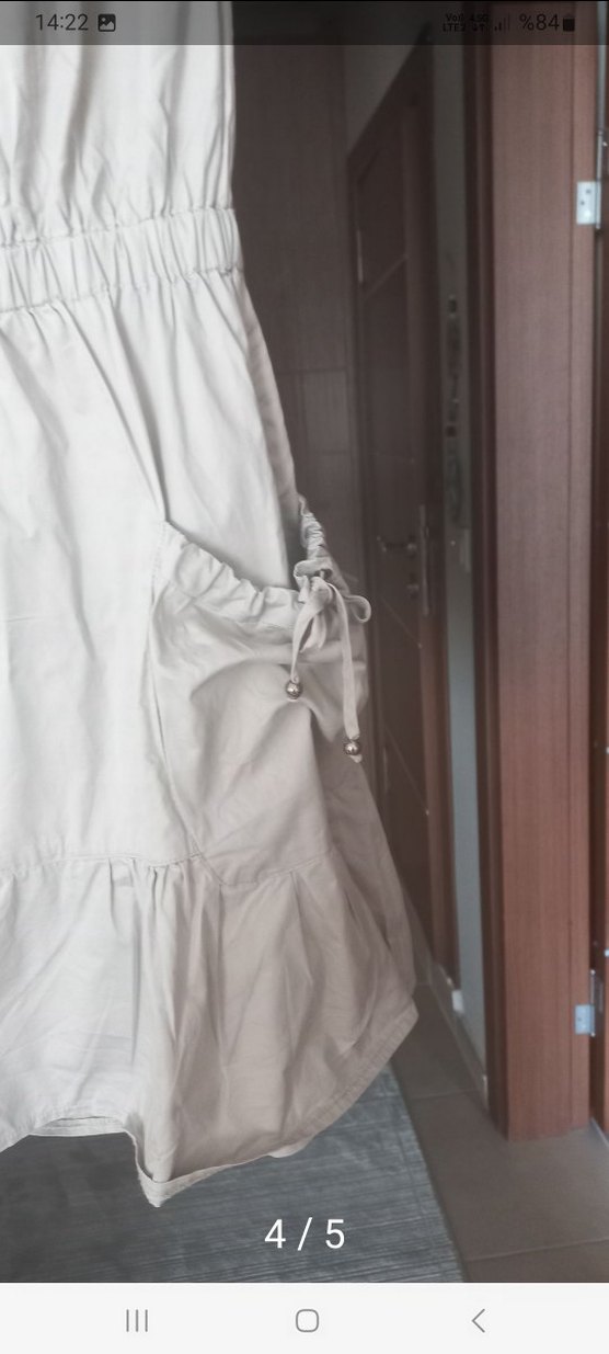 krem Midi Kemerli düşük kol Elbise - Görsel 3