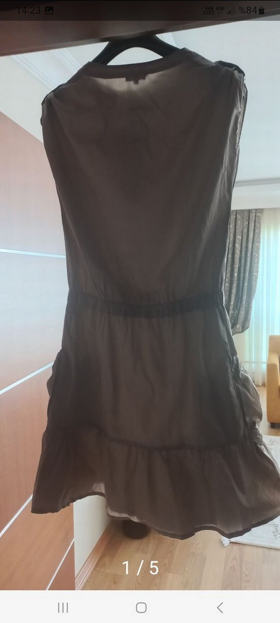 krem Midi Kemerli düşük kol Elbise - Görsel 5