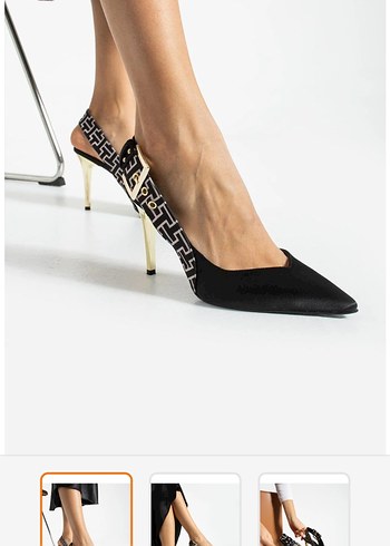 Altın topuk siyah şerit desenli abiye ayakkabı - Görsel 2