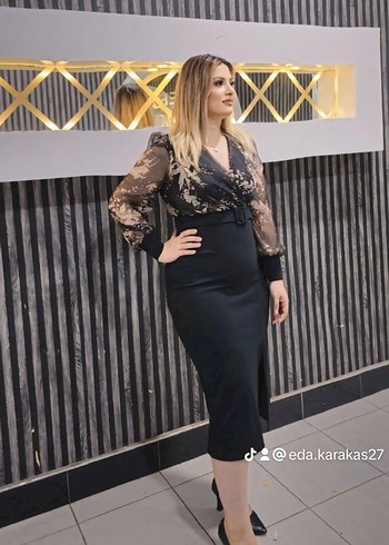 Dantel Detaylı Siyah Uzun Kollu Ofis Elbisesi - Görsel 2