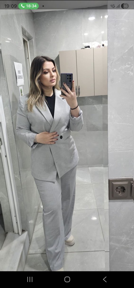 Gri,Düğmeli Kadın takım elbise - Görsel 2