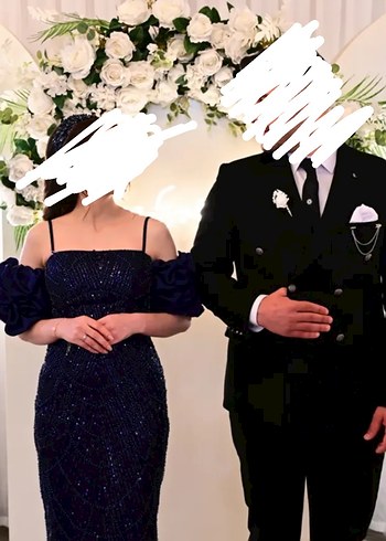 Lacivert Drapeli Uzun Abiye Elbise - Ana görsel