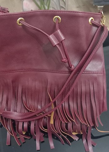 Bordo Deri Püsküllü Bohem Kadın Çanta - Görsel 3